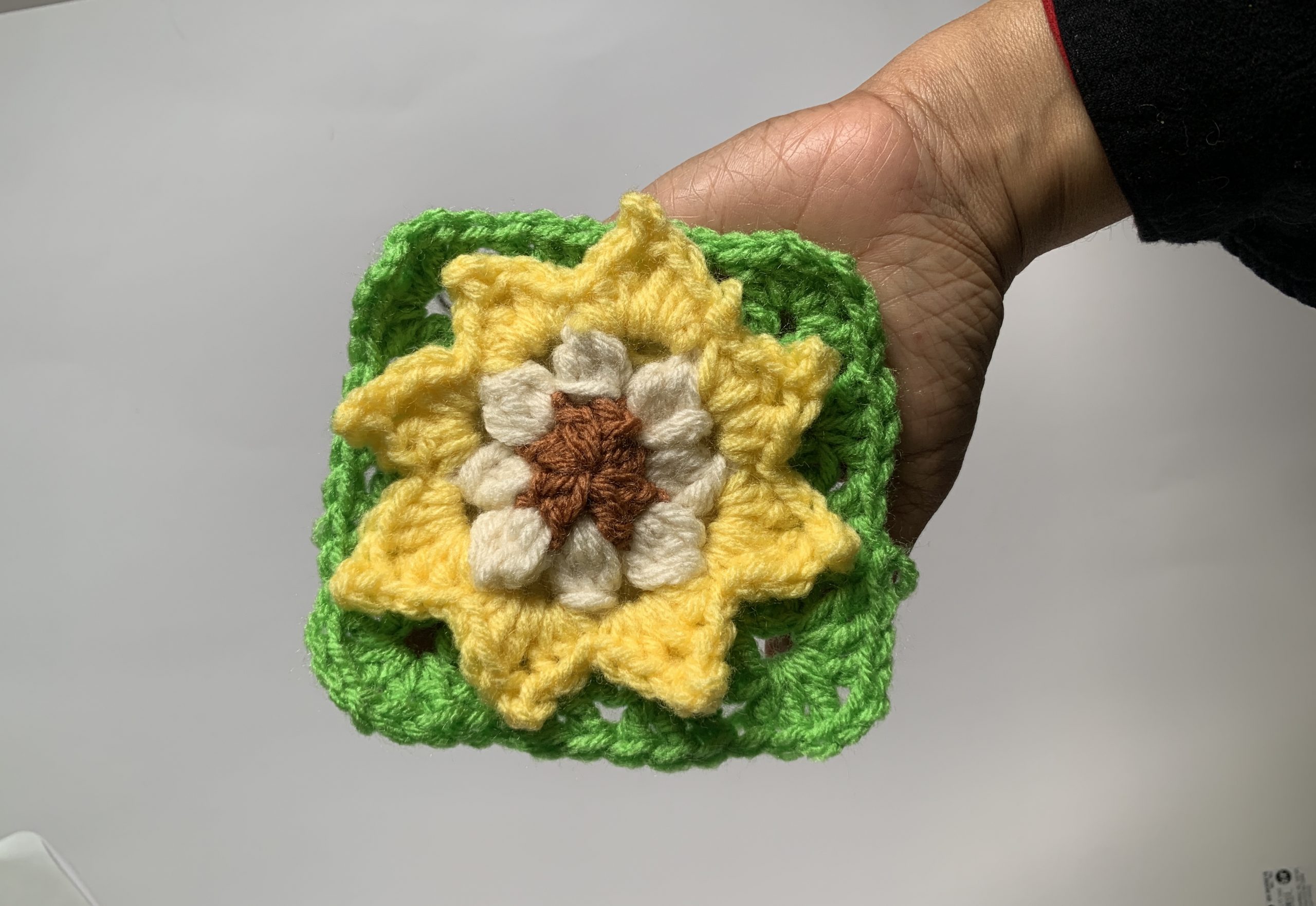 Crocheted 3d sunflower framed in green background crochet